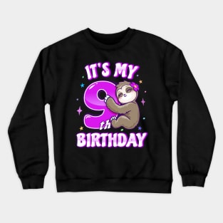 Its My 9th Birthday Girls Pink Sloth Crewneck Sweatshirt